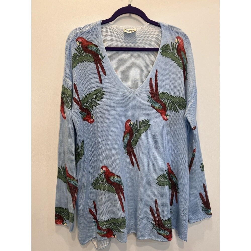 Show Me Your Mumu Blue Polly Parrot Canopy Sweater Womens Medium READ